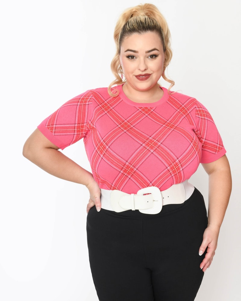 Unique Vintage Hot Pink Bias Plaid Short Sleeve Sweater Hot Pink Bia